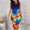 Women Plus Size Crew Neck Sleeveless Midi Dress Pink Glitter Sparkling Butterfly Print Bodycon Dress