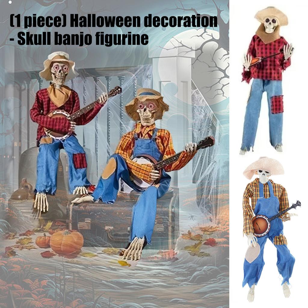 Spooky Skeleton Banjo Halloween Decoration With Vibrant Red And Yellow Plaid Design For Home Party Supplies Durable Plastic Construction