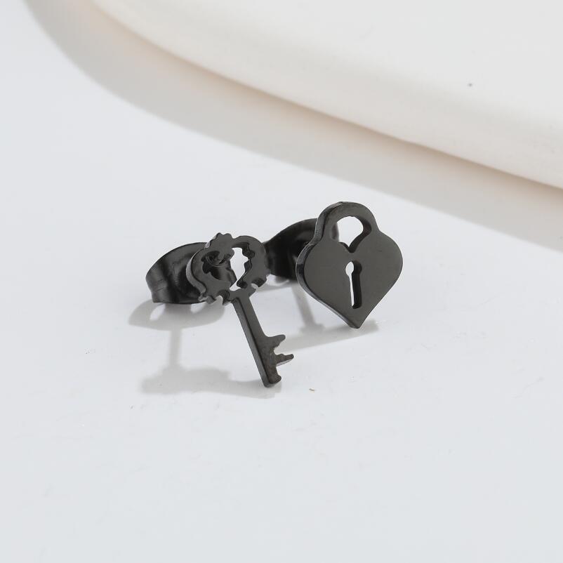 2024 Fashion Stainless Steel Geometric Heart Key Lock Earrings for Couples