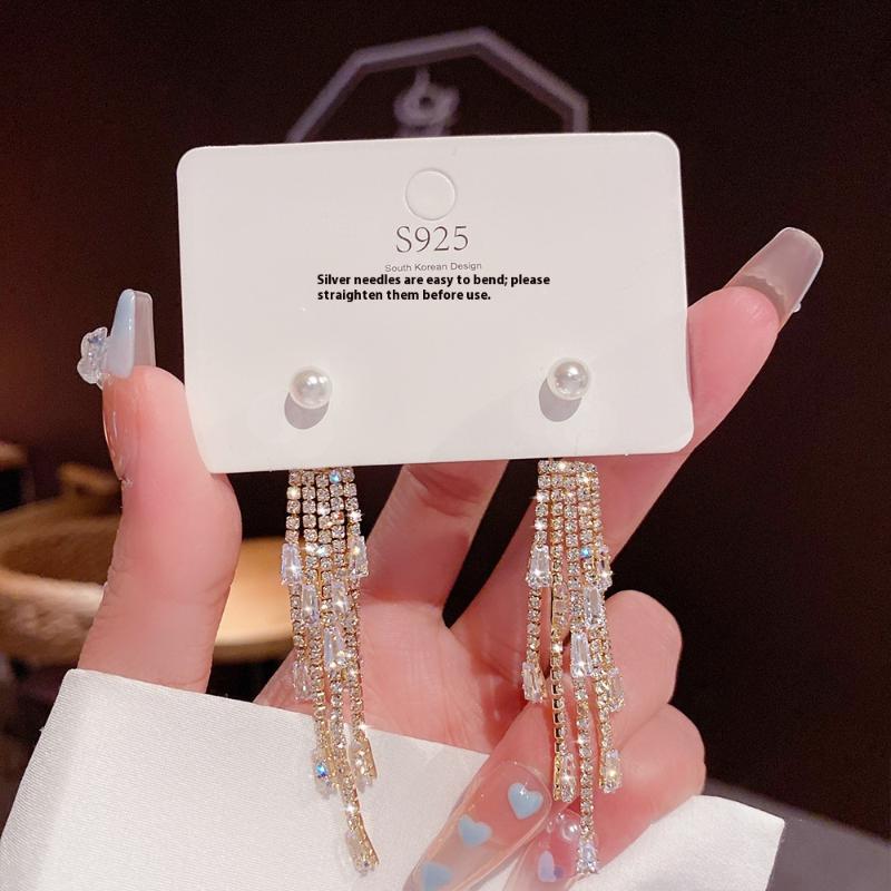 1 Pair Dangle Earrings Bowknot Shape Shining Rhinestones Lady Earrings Heart Imitation Pearls Tassel Jewelry Accessory