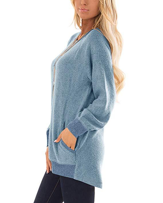 Sweatshirt à col rond bloc de couleur avec poche pour femme - Manches longues T-shirt décontracté