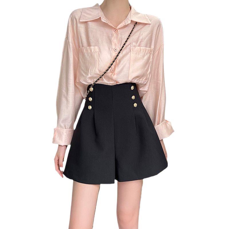 Women's High Waist Black A-Line Shorts - Summer 2026 Korean Style, Slimming, Casual Wide-Leg Design.