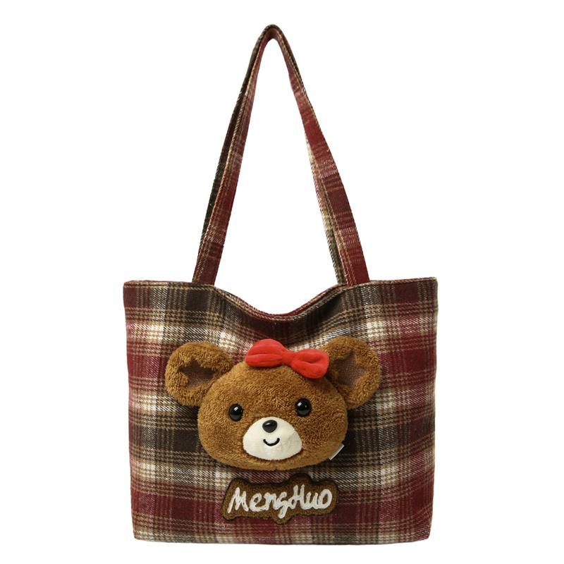 Bear Shoulder Bag Women's Bag Vintage Plaid Tote Bag