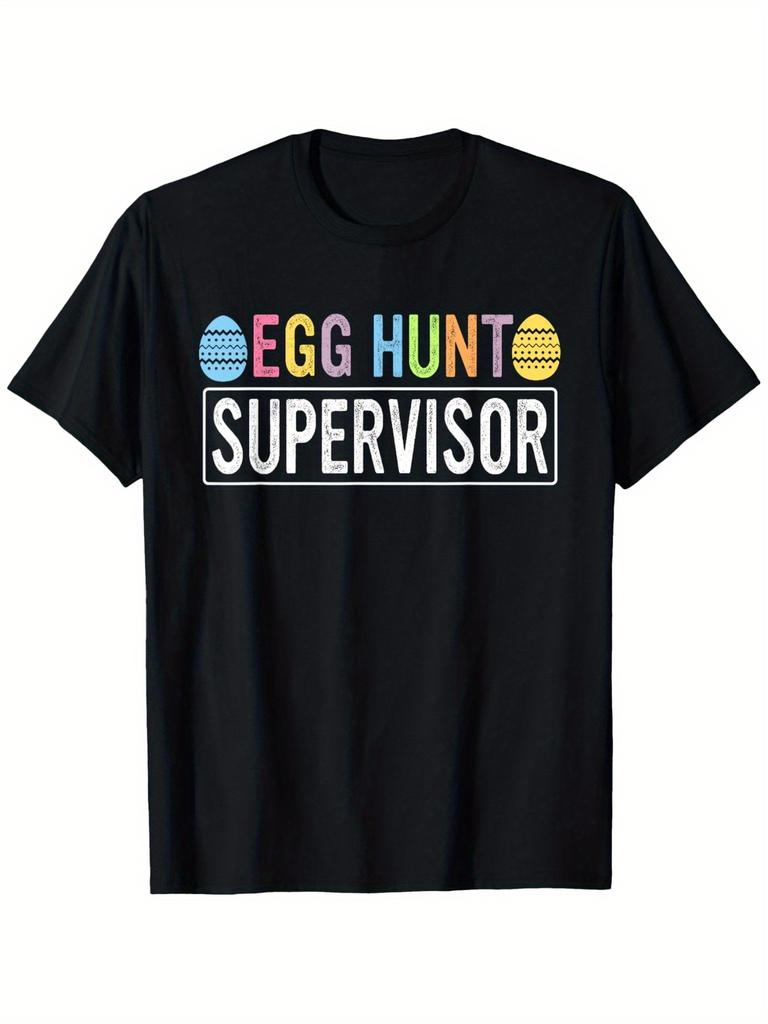 Egg Hunt Supervisor Graphic Tee Funny Easter Cotton TShirt Casual Short Sleeve Top for Men