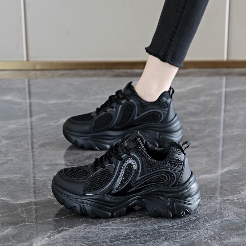 TUINANLE Black Women Platform Sneakers Breathable Lace Up Chunky Casual Comfort Walking Shoes