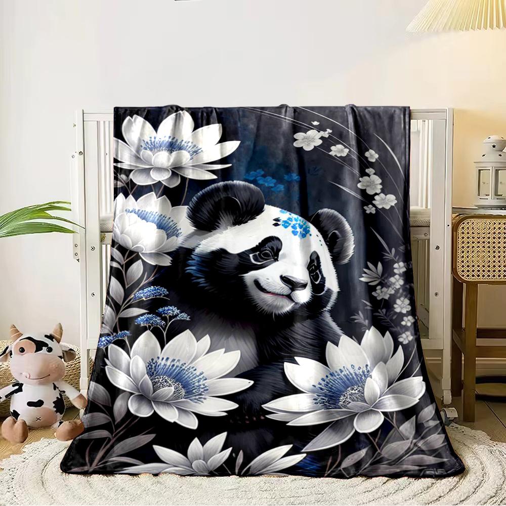 Cute Panda Surrounded by White Flowers Flannel Blanket for Bedroom, Living Room, Sofa, and Nap Sofas