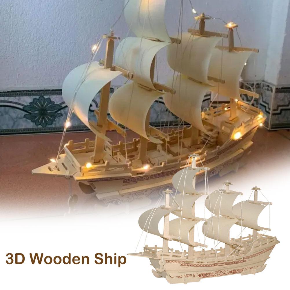 3D Puzzle Ancient Sailboat Wood Craft Construction Model Kit, DIY Assembly Wooden Model Unfinished Crafting Hobby Boat Puzzle