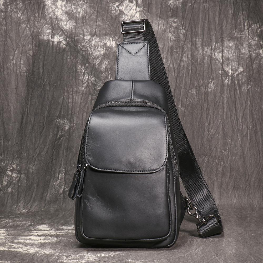 Men S Leather Breast Bag Outdoor Leisure Messenger Backpack First Layer Cowhide Chest Satchel Trendy Shoulder Bag чёрный
