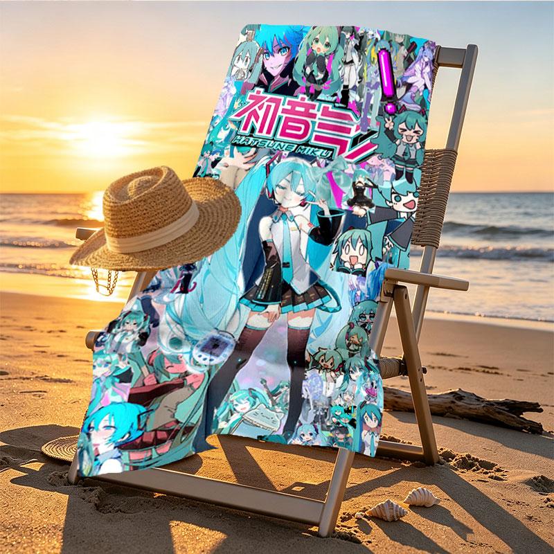 Hatsune Miku Print Beach Towel Design, Soft, Lightweight. for Home Bathroom, Spa, Pool, Yoga, Surfing, Camping, Gift for Family, Friend