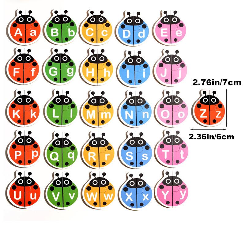 Wooden Ladybug Alphabet Matching Puzzle, Double Sided Cards, Words and Letters Learning Toy for Kids, Interactive Table Game