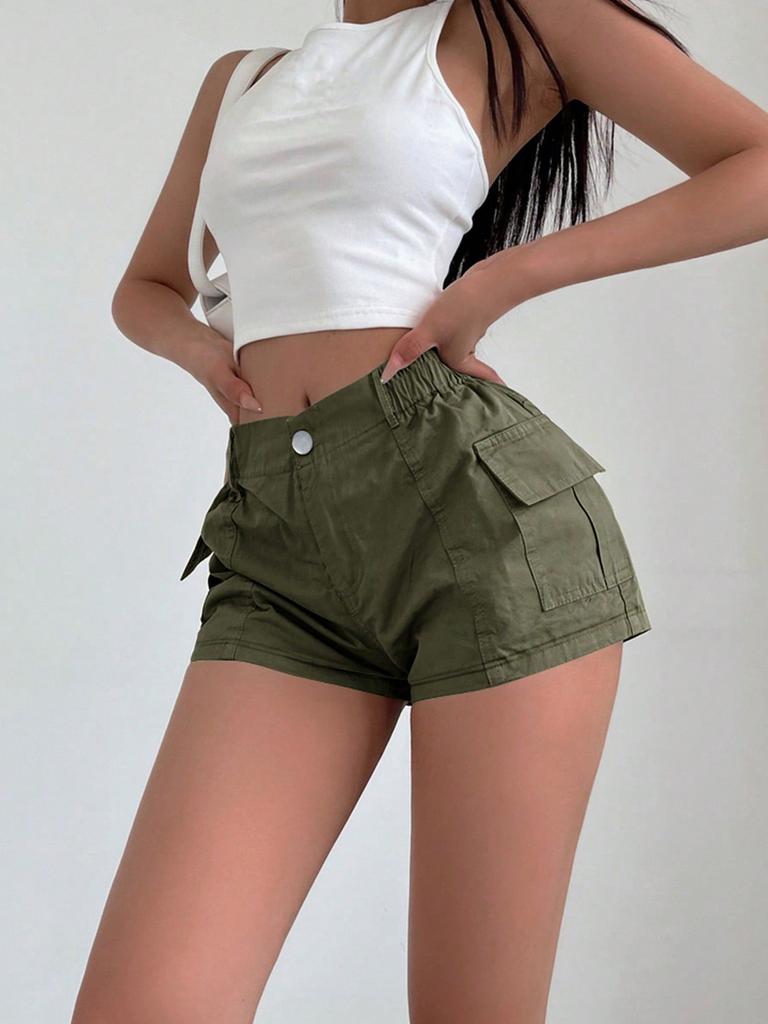 Rose Beauty A Damen-Y2K-Street-Cargo-Shorts mit elastischer Taille und Klapptasche an der Seite, einfarbig, einfache, lässige Shorts für den Alltag