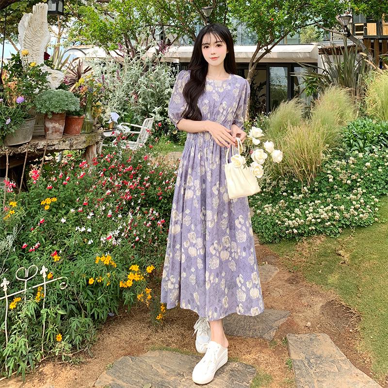 Summer 2025 Purple Floral Chiffon Dress: Gentle Puff Sleeve, Round Neck, Fitted Waist, Tea Length