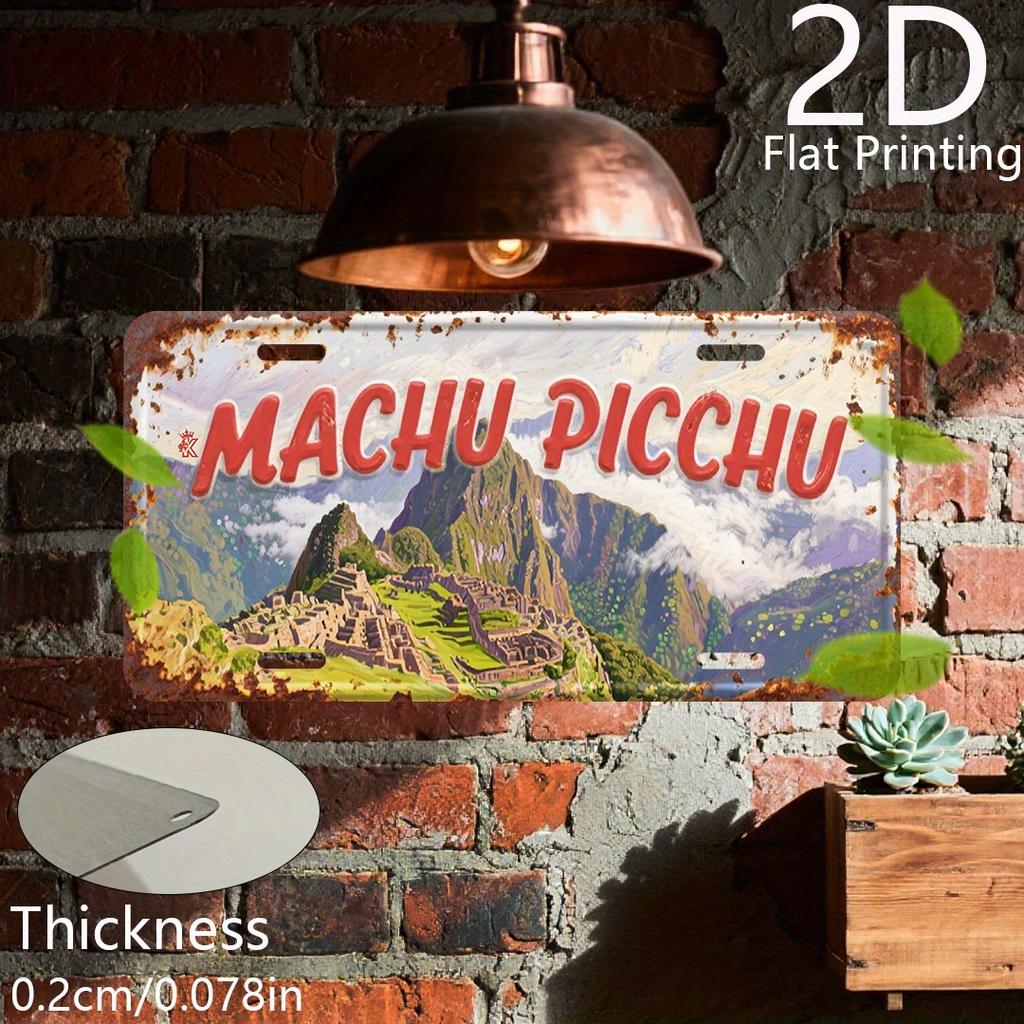 D-Moll Vintage verwittert MACHU PICCHU Inka-Zitadelle Landschaft Aluminiumblech Malerei Kennzeichenform Peruanisch Alt Gewonnen