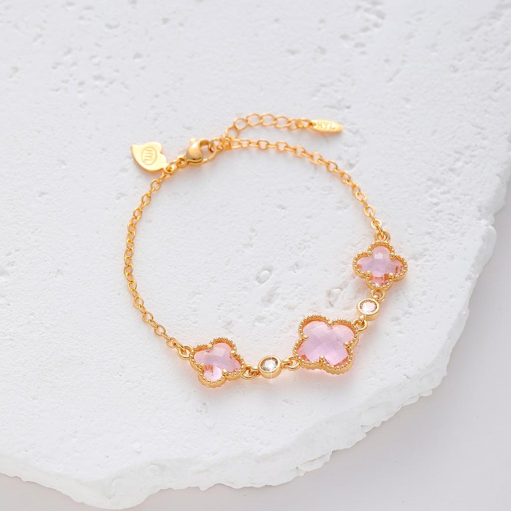 Bracelet trèfle double face pour femme, cuivre plaqué or, bijoux fleur en zircon