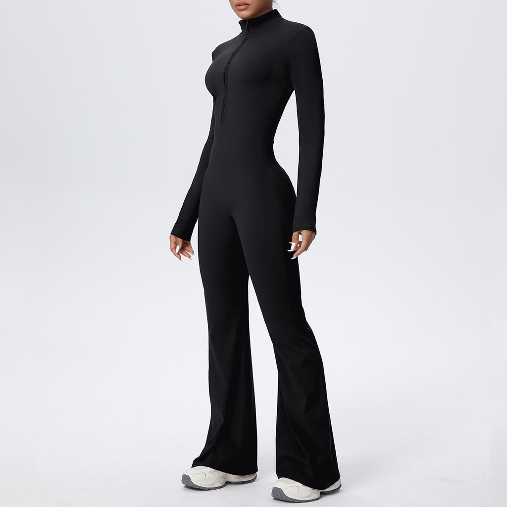 Zipper nude long-sleeved yoga flared pants onesie women's running fitness clothes sports trend onesie tights
