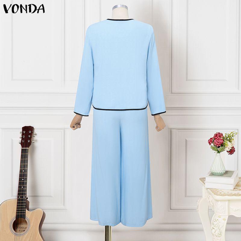 VONDA 2PCS Women Casual Long Sleeve Blouse and Pants Stitching Two Piece Suit Sets