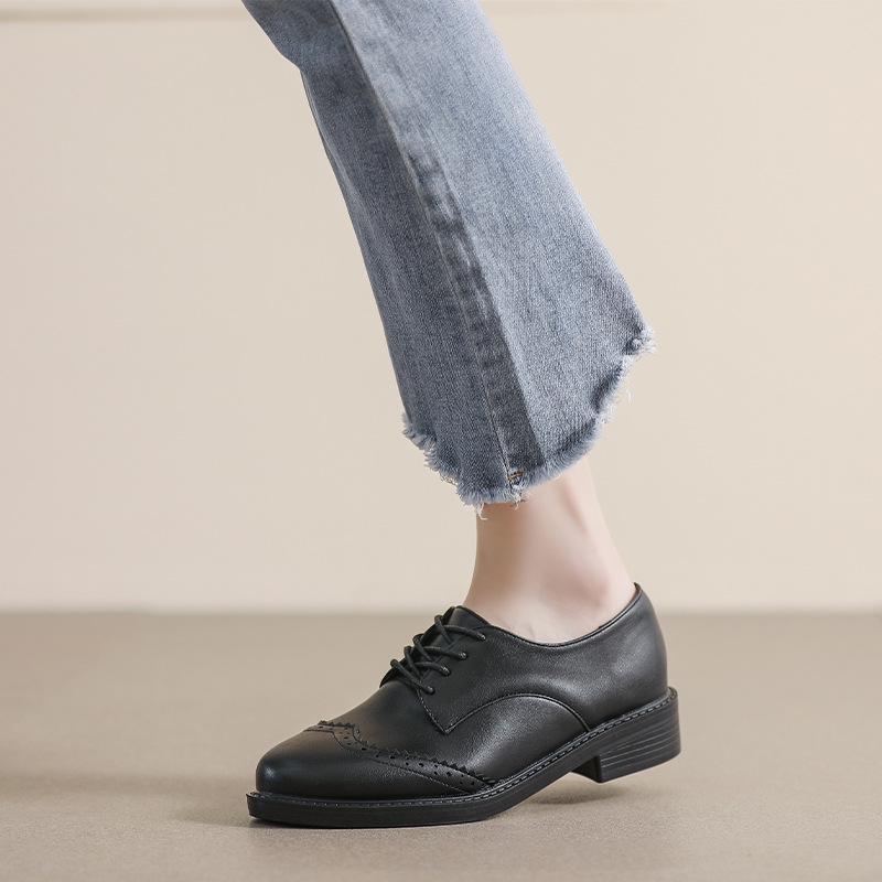 Mocasini de damă din toamna 2025 în stil britanic din piele naturală - fund plat negru, toc mijlociu, pantofi cu vârf moale