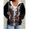 Grote Dames Capuchon Rits Trui met Schedel Bloem Rozen Print, Elegante Persoonlijkheid, Gotische Stijl