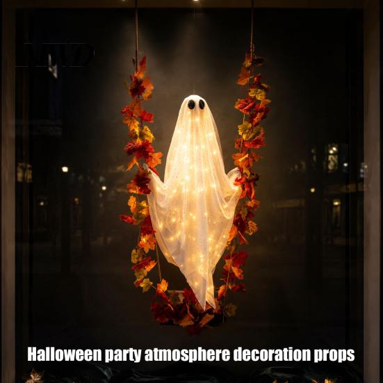 Halloween-Außendekoration Veranda Schwingende Geisterdekoration, Großes Hängendes mit Ahornblatt Beleuchtete Schaukel für Hof Rankenlichter Und Fernbedienung Baum,
