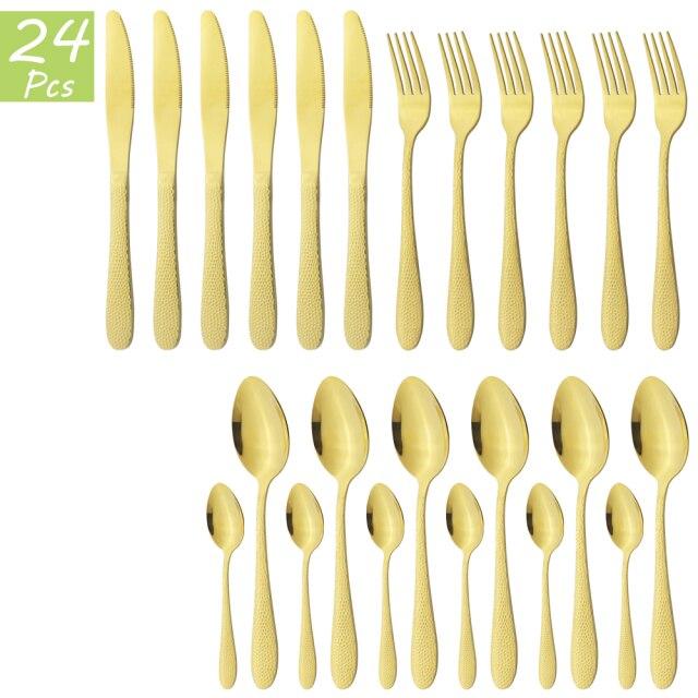 24Pcs Gold Cutlery Set Knives Fork Tea Spoon Dinner Tableware Set Stainless Steel Dinnerware Set Kitchen Flatware Silverware Set