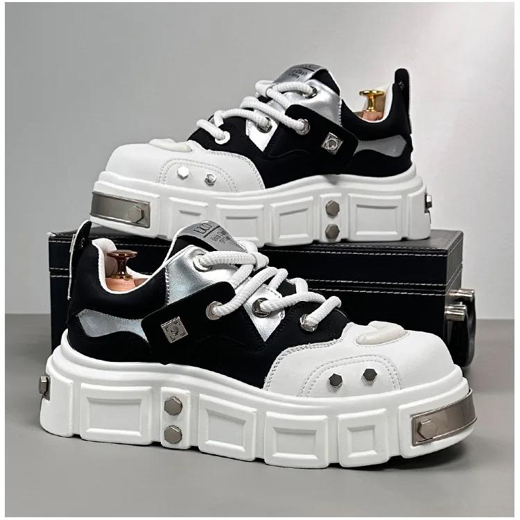 Fashion Autumn New Men's Work  Low-top Casual Shoes Korean Rivets Shoes Men White Breathable Plate Shoes Platform Non-slip Sneakers
