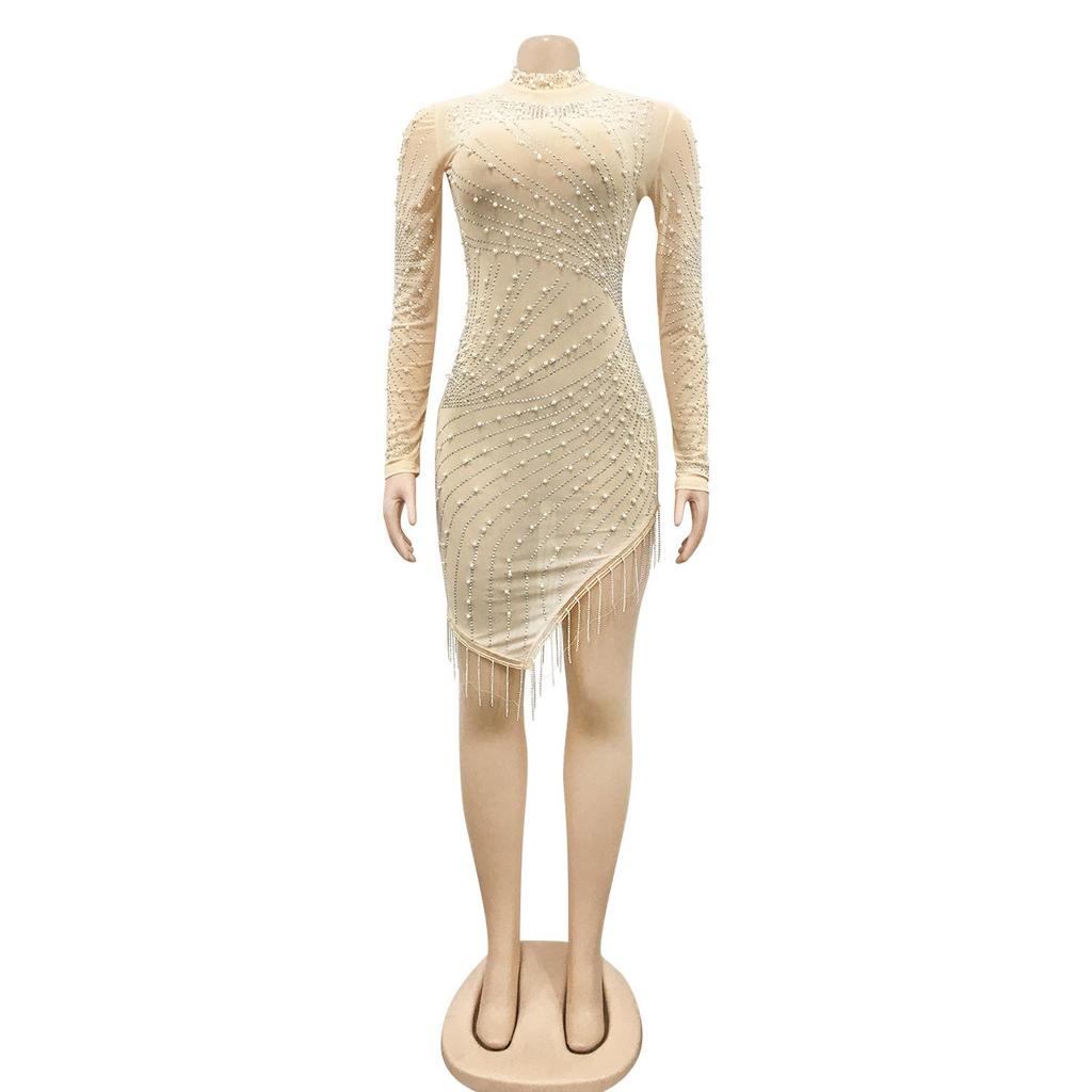 X5216 Sexy Nightclub Mesh See-through Beaded Tassel Dress with Long Sleeves