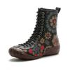 Autumn and winter new flat-bottomed beef tendon sole women's boots leather printed medium tube Martin boots warm and comfortable cotton shoes women