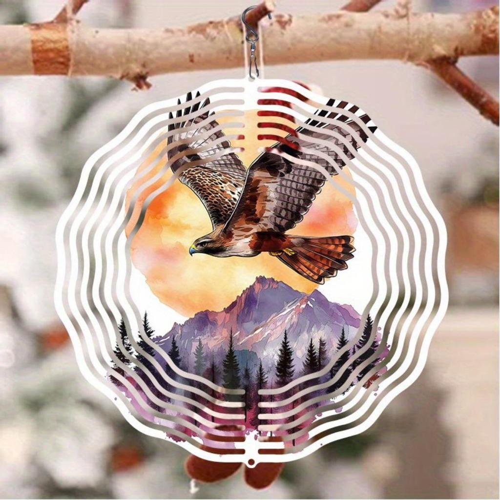Eagle Metal Wind Spinner Outdoor Decor 2D Hanging Yard Art with 360 Rotating Hook No Power Needed Easy Install Forest Sunrise Design