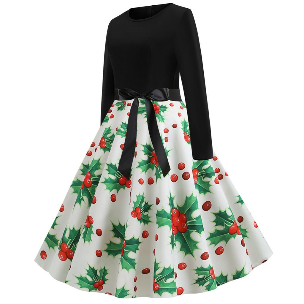 Women Vintage Long Sleeve Christmas 1950s Housewife Evening Party Prom Dress