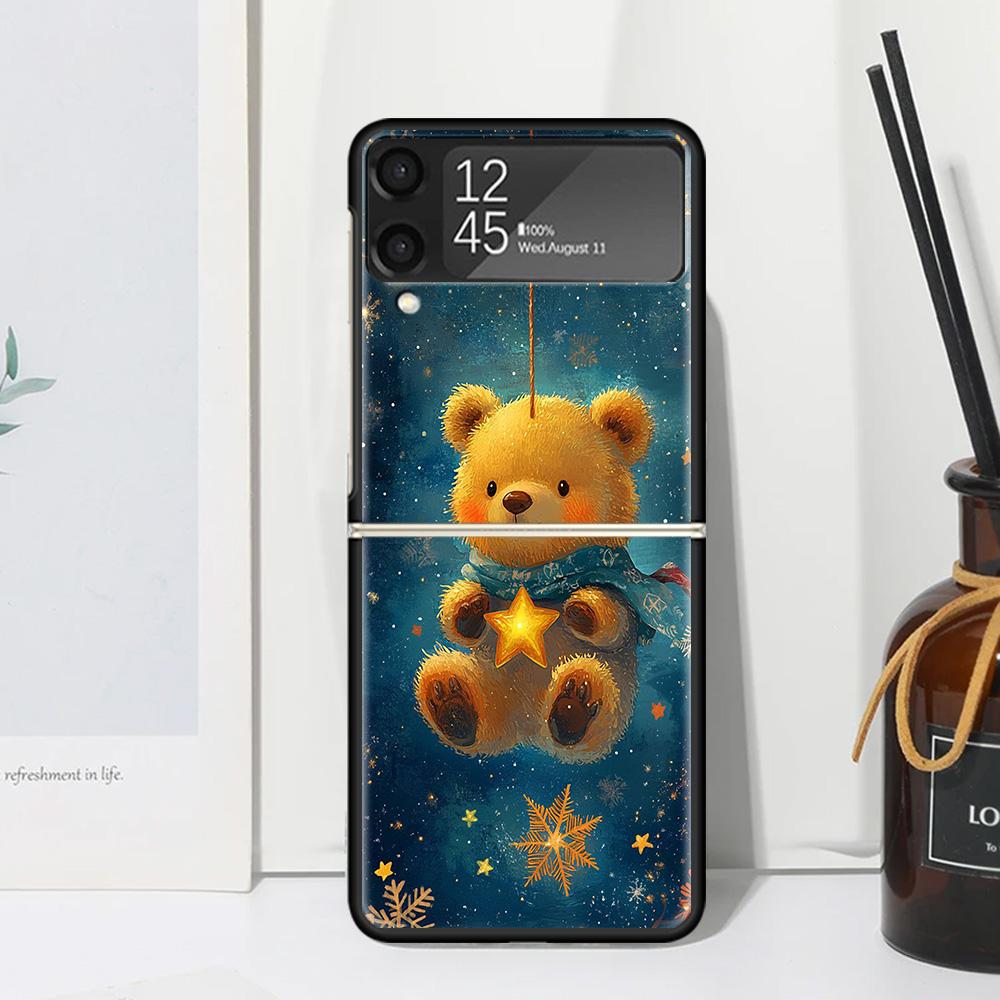 Animal Brown Cute Bear Phone Case Cover for Samsung Galaxy Z Flip 7 6 5 4 3 5G Flip3 Flip4 Flip5 ZFlip6 ZFlip7 Black Fundas Clea