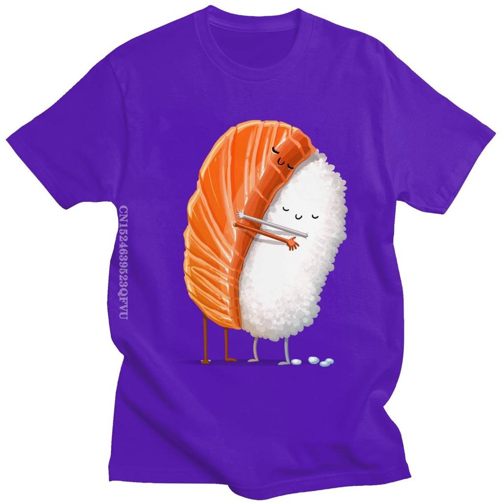 Cute Sushi Hug Tshirts Unisex Pure Cotton Cartoon Japanese Food Tee Streetwear Fashion Top Vintage Novelty Graphic Tshirt