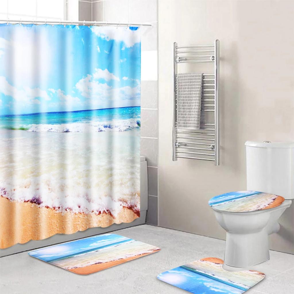 Coastal Beach Scenery 3D Printing Waterproof Shower Curtain Set Pedestal Rug Lid Toilet Cover Mat Bathroom Set With 12 Hooks