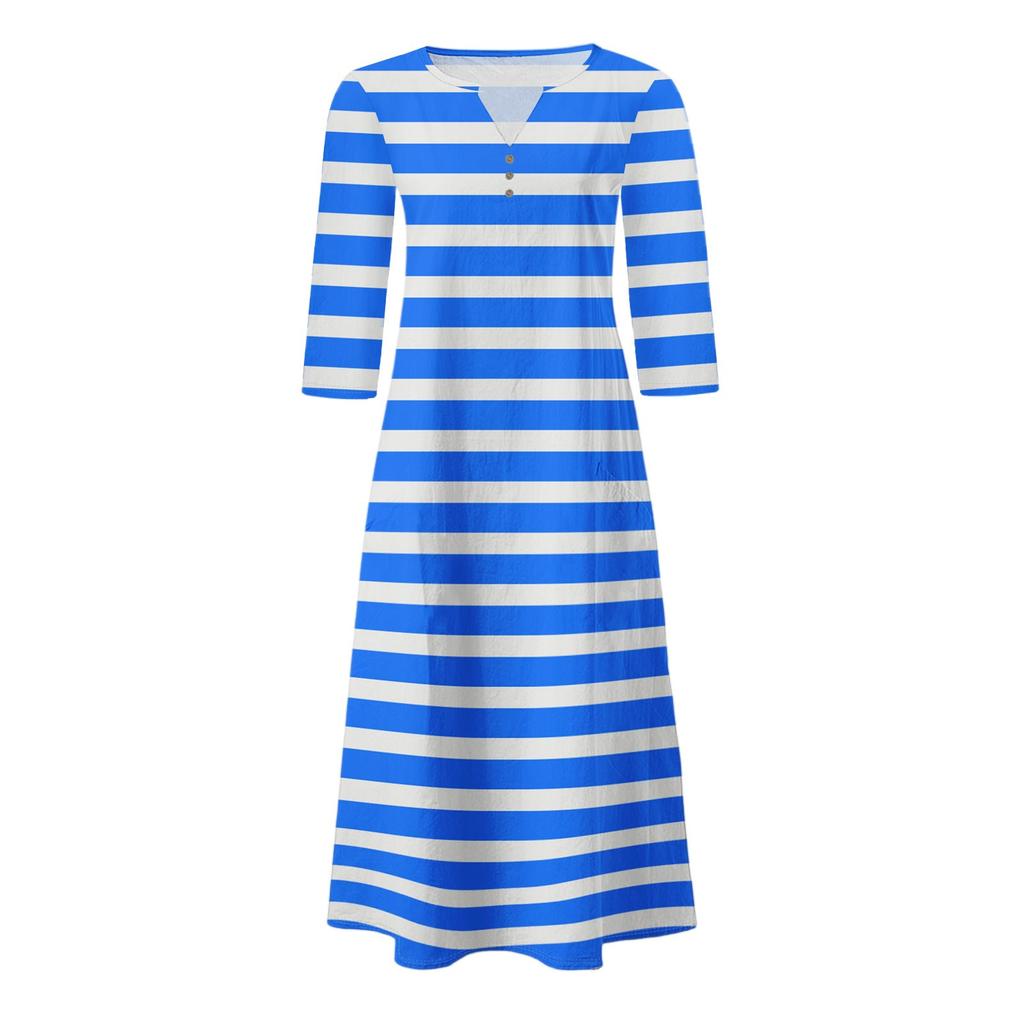 Damen Sommer Freizeit V-Ausschnitt Knopf Vintage Blumenmuster Dreiviertelarm Langes Kleid mit Taschen