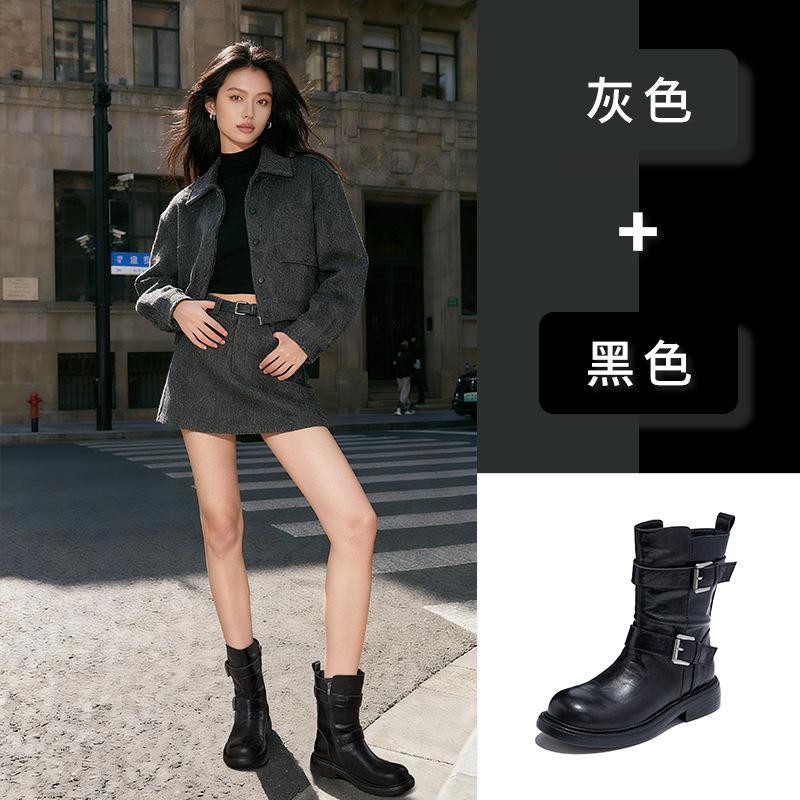 Leather retro Martin boots 2025 winter British style one-word buckle thin boots foreign style short boots