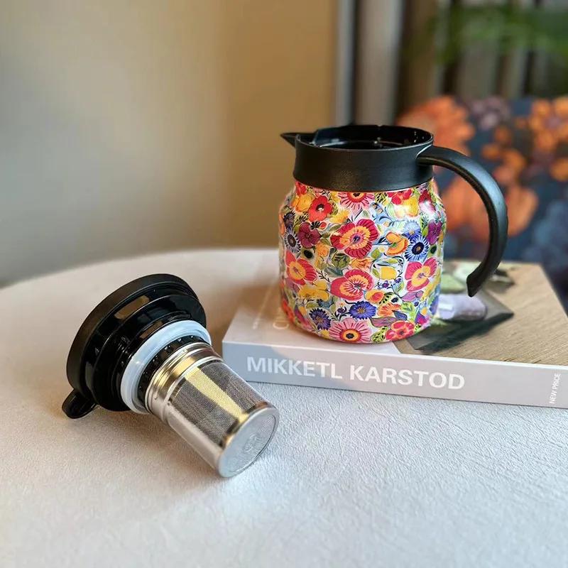 316 Stainless Steel Thermal Carafe 800ml Coffee Pot with Floral Painting with Tea Infuser Keep Warm Function Tea Pot Coffee Cup