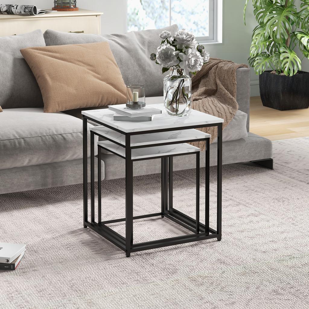 Nesting Side Tables, 3-Piece, Marble Effect, Steel Frame, White