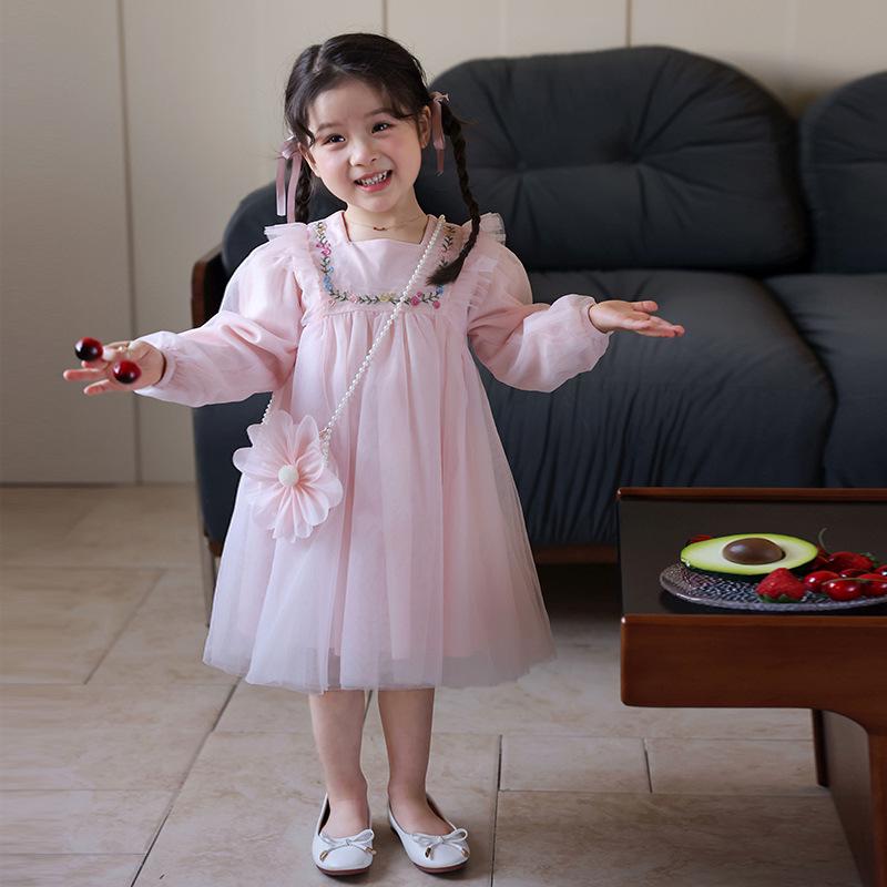 Autumn 2025 Girls' Princess Embroidered Dress with Bag – Fashionable Mesh Puffy Skirt