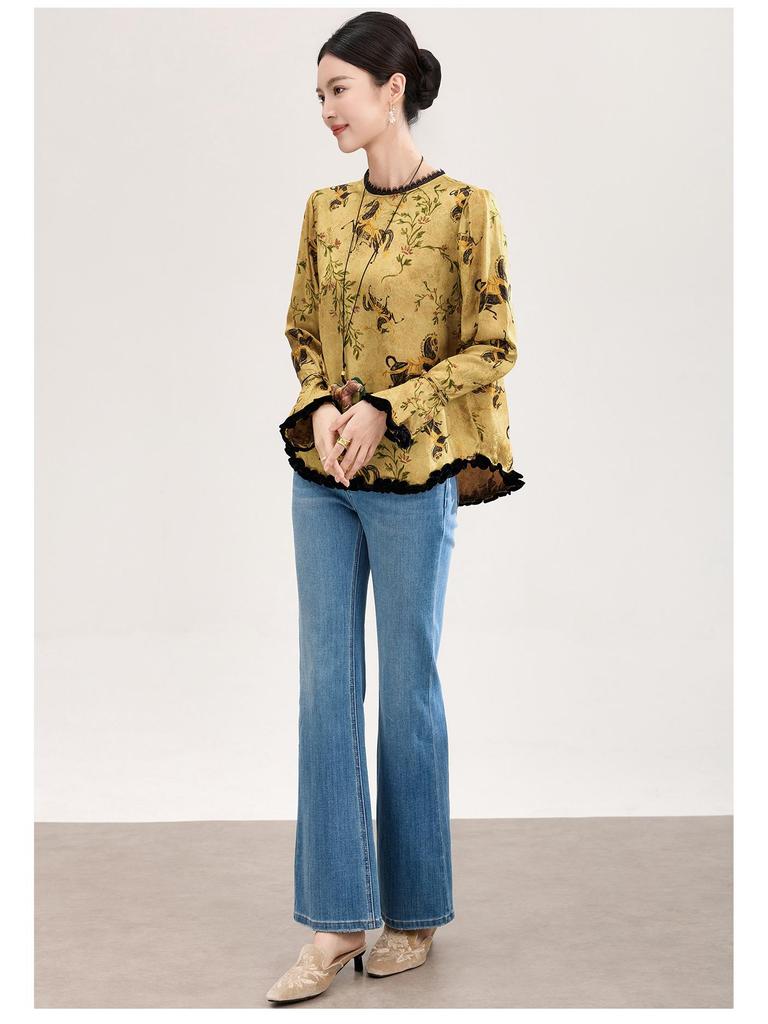 High-Quality Rayon Jacquard Patchwork Velvet Lace Women's Shirt - Early Spring, New Chinese Style