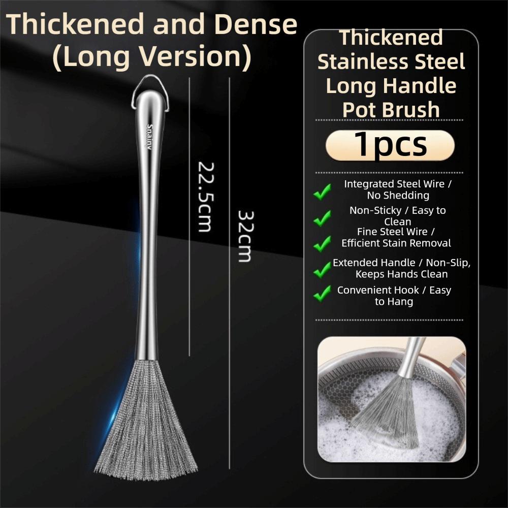 Stainless Steel Kitchen Cleaning Brush Long Handle Anti-Rust Dish Washing Brush One-piece Molded Steel Wire Pot Cleaning Tool