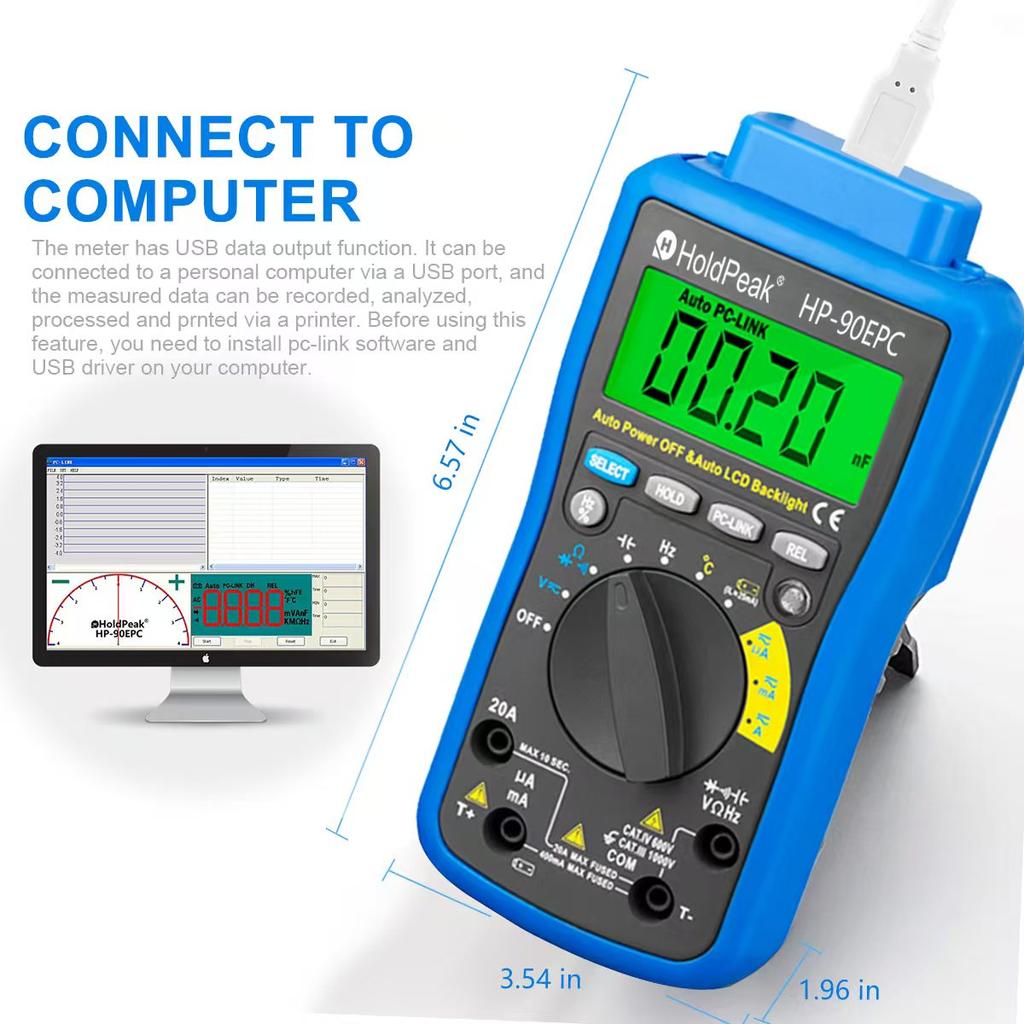 Professional Digital Multimeter True RMS NCV 20A Current AC DC Voltmeter Capacitance Resistance Tester HoldPeak HP-90EPC