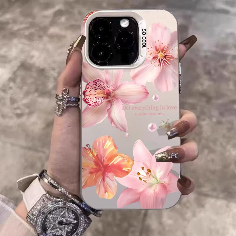 Lily Flower Print IMD Material Silvery Phone Case for iPhone 16 E 15 14 13 12 11 Pro Max XS XR X 7 8 15 16 Plus Shockproof Cover