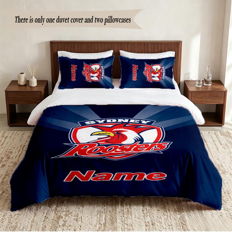 Sydney Roosters Personalized Custom Name 3‑Piece Bedding Set Soft Duvet Cover Set For Bedroom Home Decor