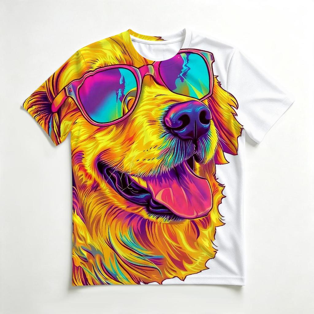 Men's Crew Neck 3D Print T-Shirt, Colorful Golden Retriever With Sunglasses Graphic Casual Short Sleeve Tee