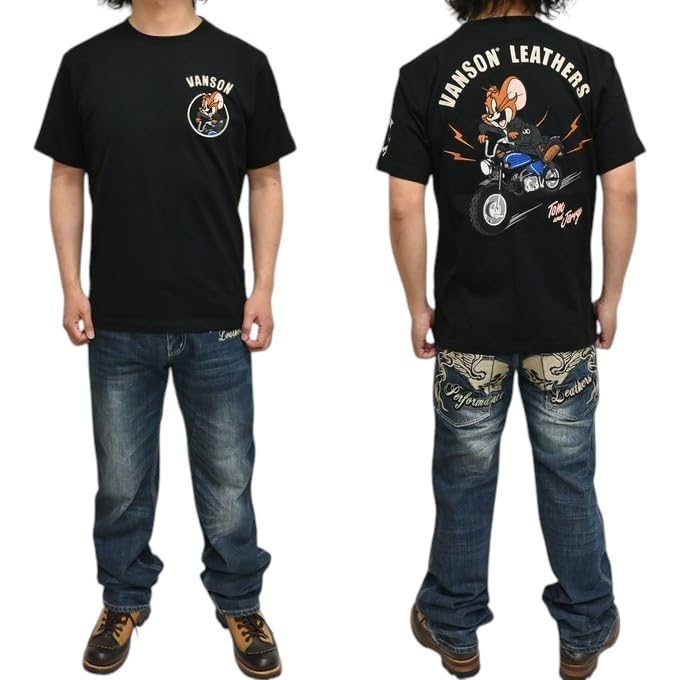 Vanson Tom and Jerry TJV-2518 Ride-On Bike Short Sleeve Jersey T-Shirt, Men's (JP, Alphabet, L, Black)