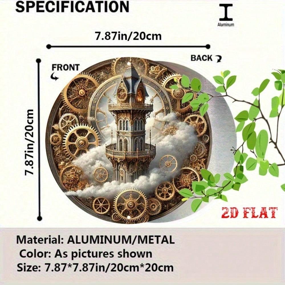 Steampunk Metal Wall Art Round Gear Bell Tower Vintage Decor for Home Cafe
