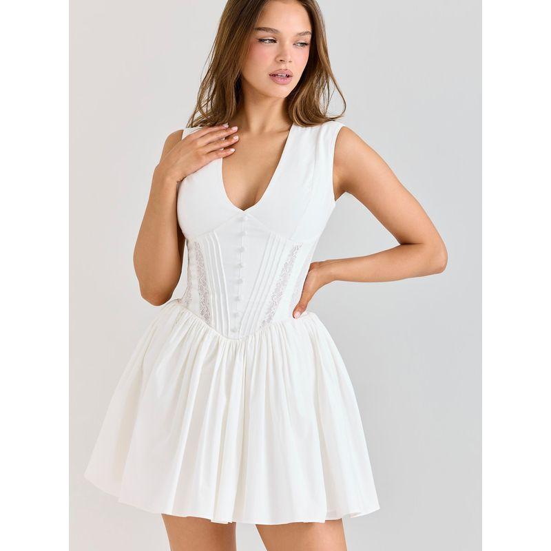 Youth Bloom House Same Style French Style White Gentle Style Sexy V-neck Lace Hollow Out Waist Hugging Short Dress