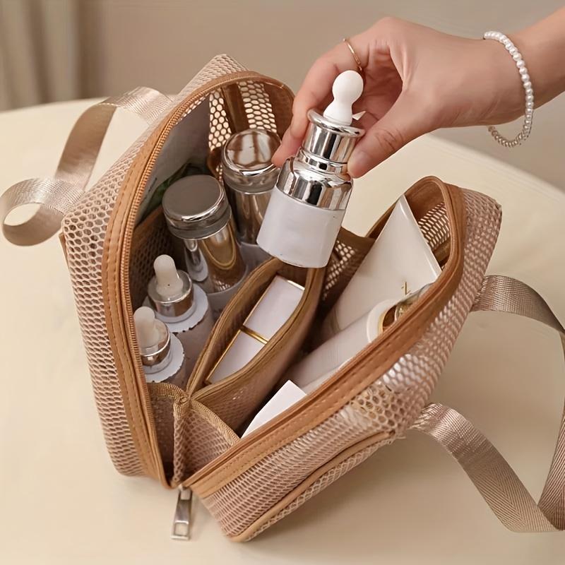 1pc Chic Mesh Cosmetic Bag with Multiple Compartments Breathable, Lightweight Travel Organizer for Women, Portable Shower Tote Bag with Zipper