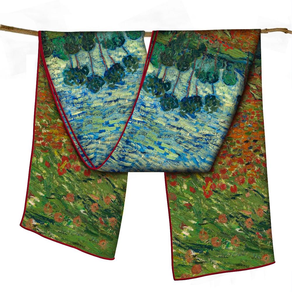 POBING Twill Silk Scarf Women Poncho Hand Rolled Luxury Oil Painting Long Scarves Wraps Bandana Big Shawl Hijabs Female Foulard