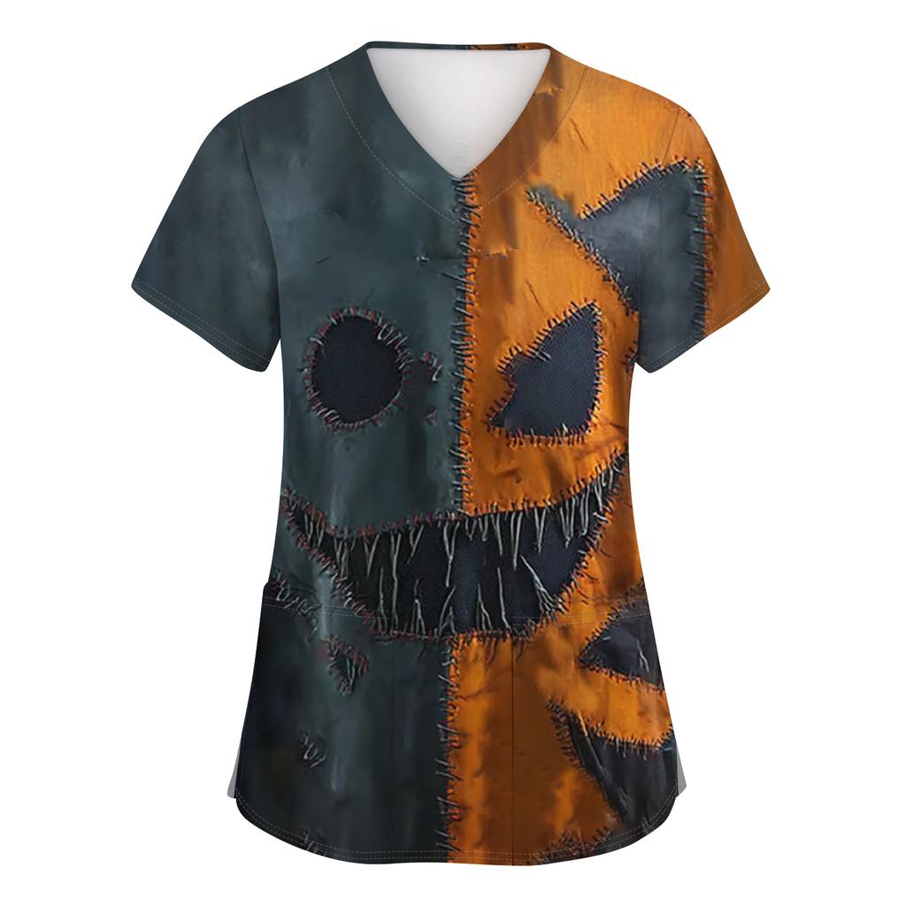 Women's Fashion Short Sleeve Halloween Print V-Neck Pocket Workwear Tops