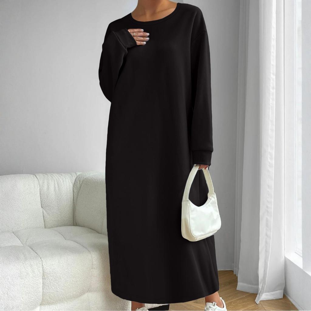 Dámské jednobarevné módní šaty s dlouhým rukávem a kulatým výstřihem